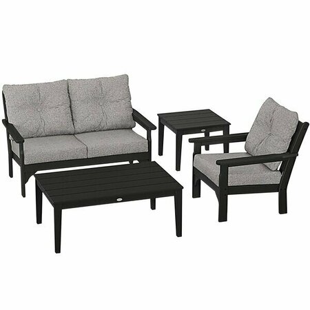 POLYWOOD Vineyard Black / Grey Mist 4-Piece Deep Patio Set with Chair Settee and Newport Tables 633PWS35B159